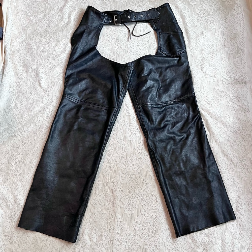 Black Leather Leg Chaps Pants with Belt